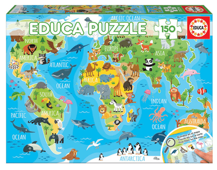 Puzzle - World Map with Animals, 150 Pieces
