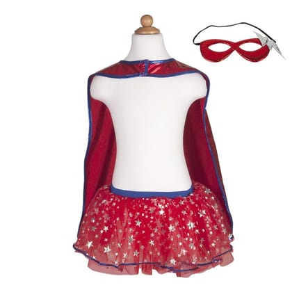 Superheroine Costume w. Skirt & Mask, Size 4-6 yrs