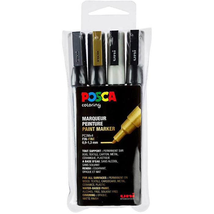 Posca Markers PC-3M - Black/Gold/Silv/White, 4 pcs