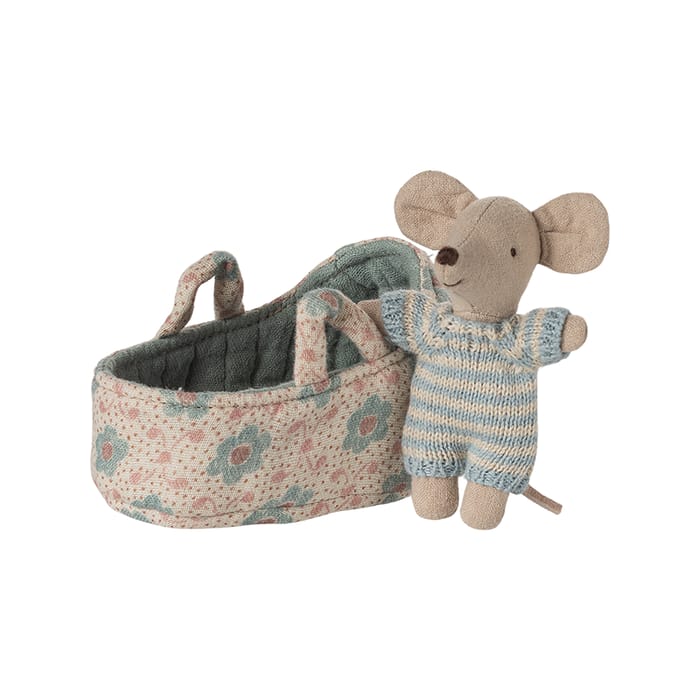 Maileg Baby Mouse in Carry Cot - Blue