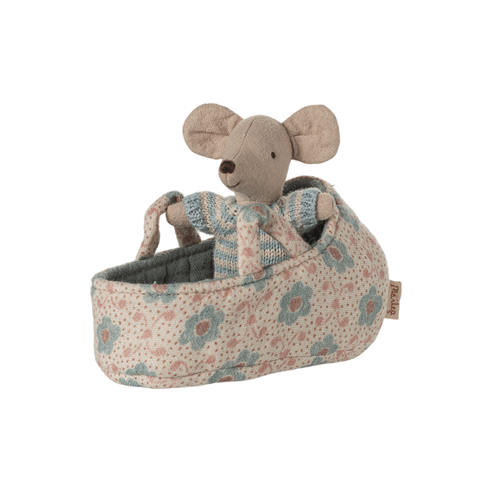 Maileg Baby Mouse in Carry Cot - Blue