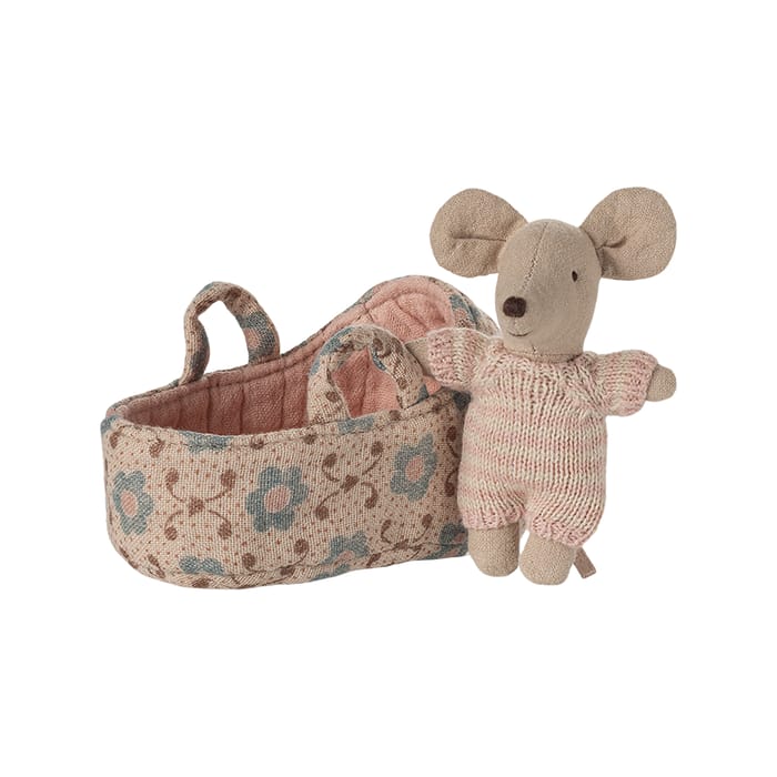 Maileg Baby Mouse in Carry Cot - Rose