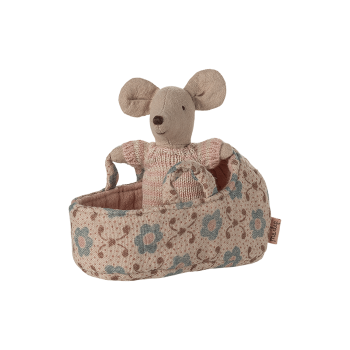 Maileg Baby Mouse in Carry Cot - Rose