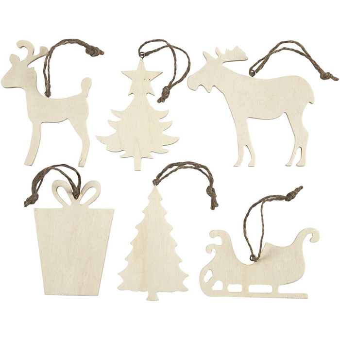 Wooden Christmas Ornaments, 6 pcs