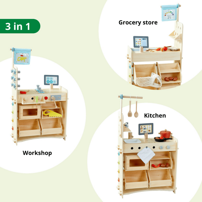 3-in-1 Play Kitchen/Grocery Store/Workshop Station