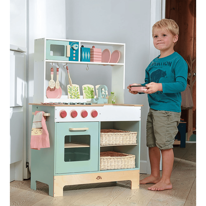 Wooden Play Kitchen with Microwave and Accessories