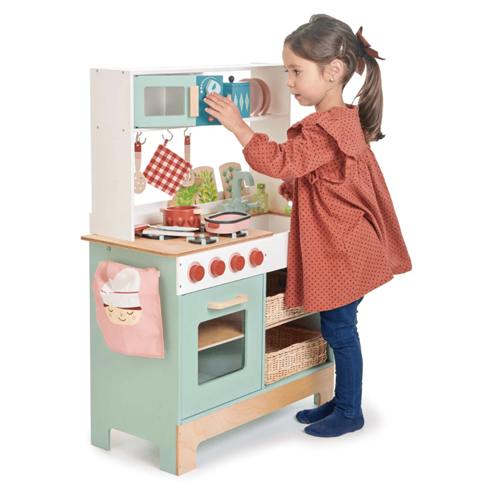 Wooden Play Kitchen with Microwave and Accessories