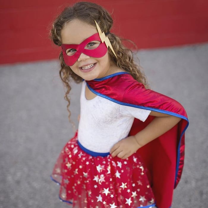 Superheroine Costume w. Skirt & Mask, Size 4-6 yrs
